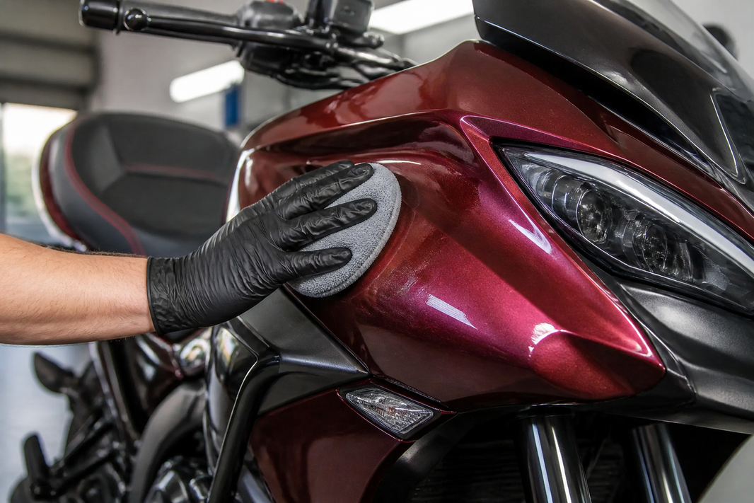 Applicazione di cera liquida sulla carena di una moto rossa con panno in microfibra