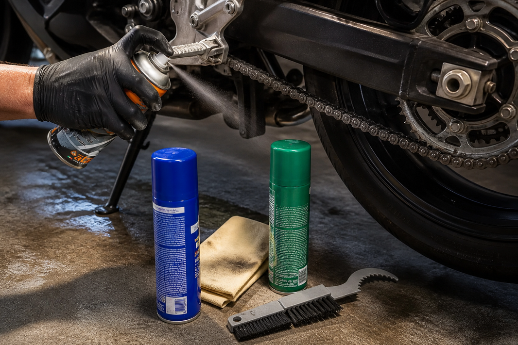 Pulizia professionale della catena di una moto con spray sgrassante e spazzolino specifico