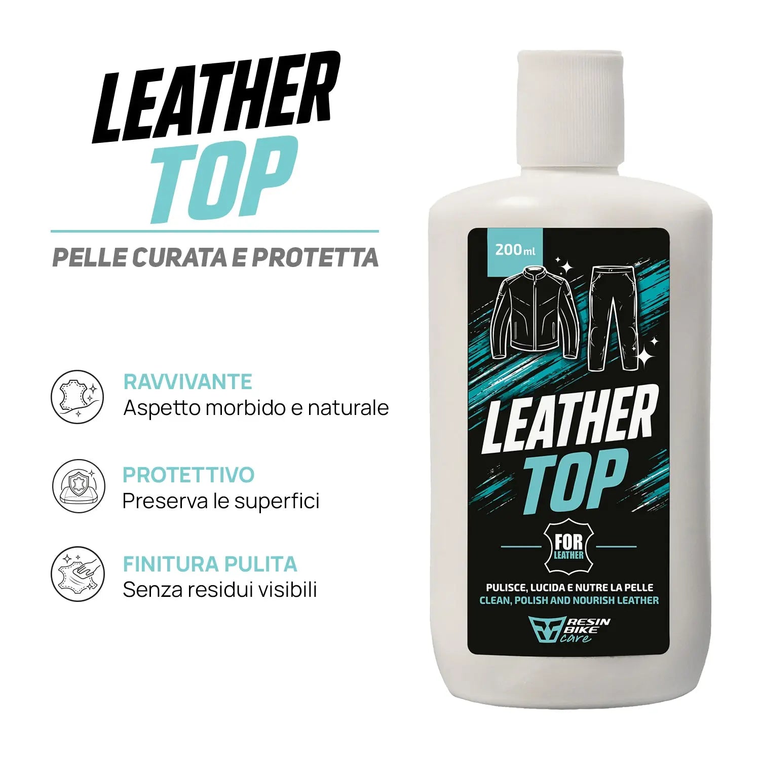 ResinBikeCare Leather Top - Detergente Nutriente per Pelle, Giacche, Tute e Stivali Moto - Resin Bike Care